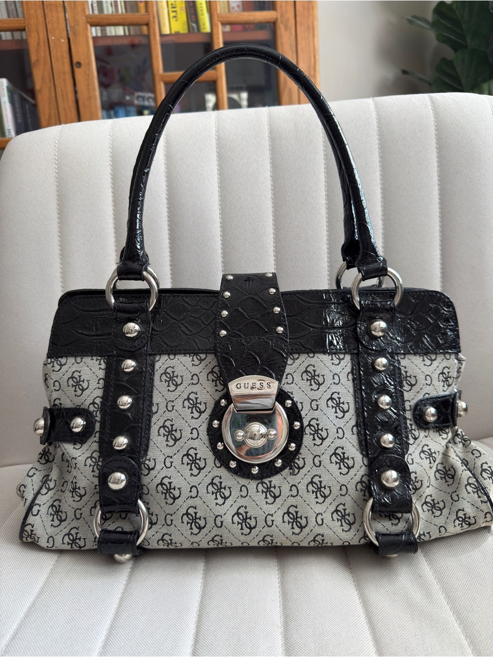 Guess Black & White Logo-Print Studded Satchel